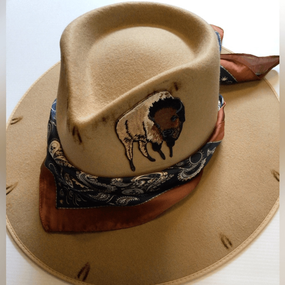 NEW! Upcycled Lack of Color X Ruxpinsrags Tan Cowboy Hat with Buffalo Embroidery